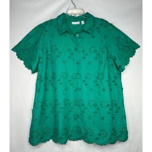 Susan Graver Pure Green Floral Eyelet Embroidered Scallop Hem Blouse Top 2X